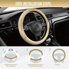 Steering Wheel Cover, Gold Patterned Leather Patchwork Design, Universal Fit 14.5"–15.5", Anti-Slip, Odor-Free, Soft PU Grain Leather, Durable Grip Car Accessory for Girls & Women