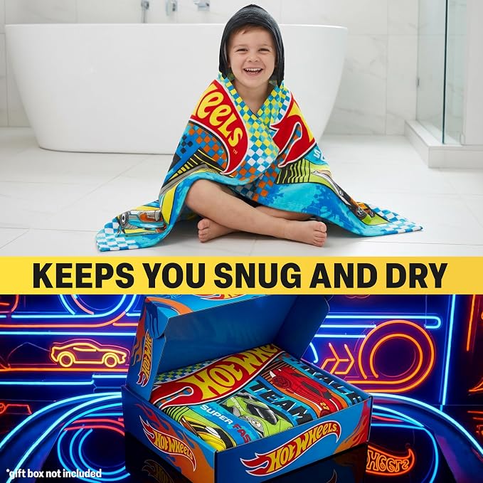 Hot Wheels Cars Bath Towels with Hood for Boys, Ages 2-6, One Size Soft and Absorbent Hooded Cotton Beach Towel Wrap, Swimming Pool Poncho, Gifts for Boys (Multi Hot Wheels)