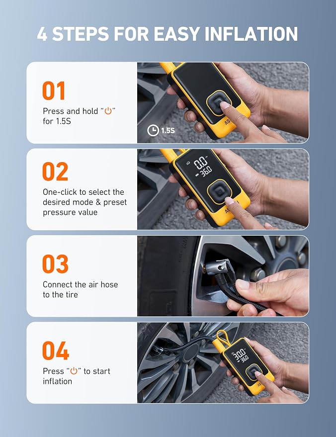 L7 Air Tire Inflator Portable Air Compressor, 150PSI Electric Cordless Car Pump with Digital Gauge, Fast 1-Min Inflation, Auto Shutoff, LED Light for Car, SUV, Motorcycle & Bike Tires, Yellow