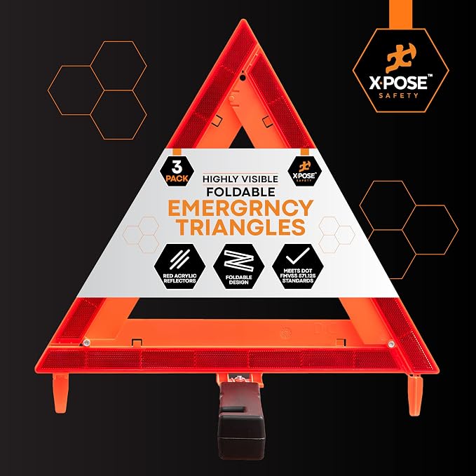 Reflective Emergency Triangles – 1 Kit (3 Triangles) – DOT Approved Roadside Car Safety Warning Reflectors – Red & Orange Automotive Vehicle Hazard Visibility Markers