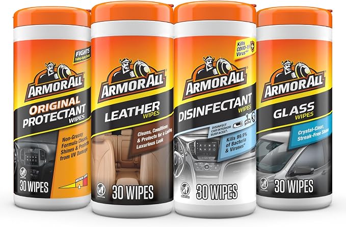 Interior Car Cleaning Wipes Kit, Disinfects, Protects, and Cleans Car Interiors, Includes Leather Care Wipes, Glass Wipes, Disinfectant Wipes, and Protectant Wipes, 4 Count