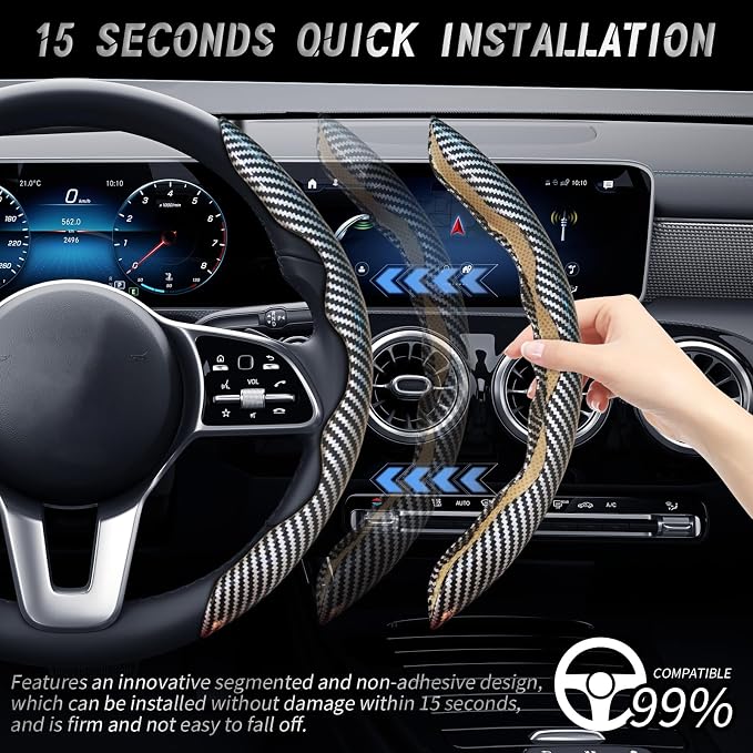 2pcs Car Steering Wheel Cover,Anti-Skid Carbon Fiber Steering Wheel Protector for Men Women,Multiple Color Options,Universal for Most Car Interiors Accessories (Bright Silver)