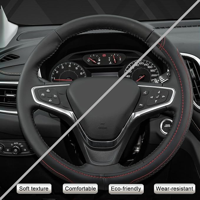 Customized Auto Car Steering Wheel Cover for Chevy 14.5-15 inches, Steering Wheel Cover for Chevrolet (Black+Red - Standard Size)