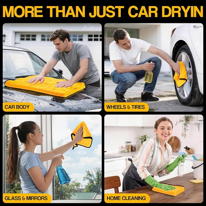 4 Pack Twisted Loop Car Drying Towel, 36x24 in Car Towels Cleaning Supplies, Reusable Shammy Quick Dry Cloth for Carwash, for Auto, Boat, Kitchen, Windows & Bathroom（Yellow）