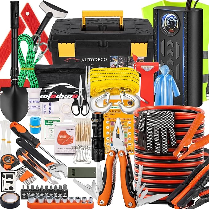 98 PCS Roadside Car Emergency Assistance Kit with Portable Air Compressor Jumper Cables Safety Hammer All in One Pliers Tool Set（Orange）