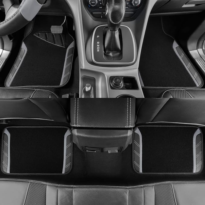 Leather Steering Wheel Cover and Waterproof Car Floor Mats,Microfiber Universal Car Combo Fit for 95% Sedan,SUV,Cars,14.5-15inch Sporty Anti-Slip Safety Comfortable Design(Black＆Gray)