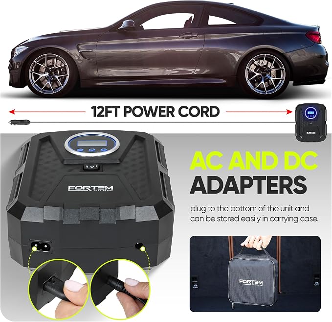 Tire Inflator Portable Air Compressor, Air Pump for Car Tires and Bikes, Car Tire Pump w/Auto Shut Off, 150 PSI, 110V AC 12V DC, LED Light, Carrying Case, Perfect For Men, Women