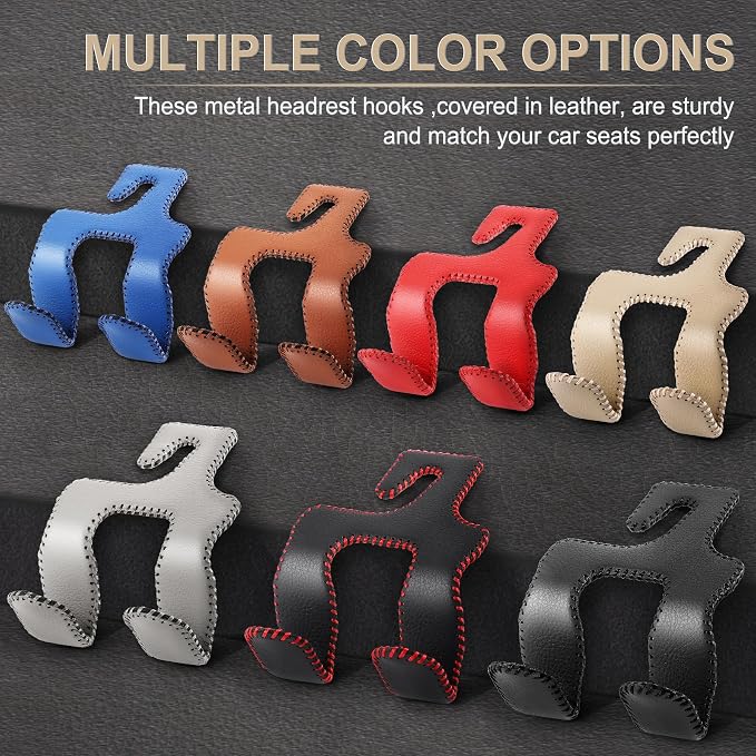Upgraded Superior Leather Car Seat Back Headrest Hook, 2 in 1 Auto Seat Hook Hangers Holder Organization Interior Accessories for Purses Coats Umbrellas Grocery Bags Handbag (Beige)