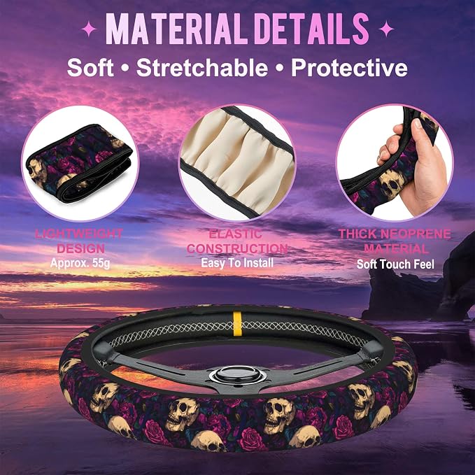 Gothic Skull and Rose Steering Wheel Cover for Women Men Neoprene Breathable Wheel Cover Protector Anti-Slip Car Accessories Universal 15 Inch Fit for Cars Trucks Vehicles
