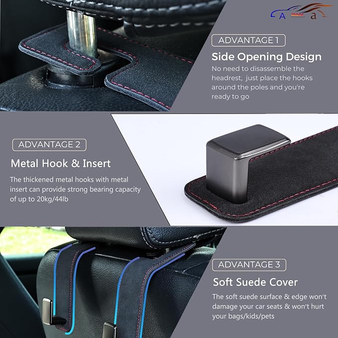 Car Seat Back Hook Universal Auto Storage Hanger Suede with Metal Car Seat Organizer for Handbag Purse Coat Umbrellas Grocery Bags 2 Pack Black