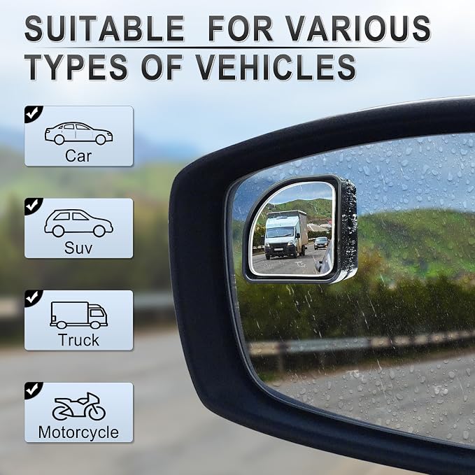 2PCS Fan Blind Spot Mirror, HD Glass and ABS Housing Convex Wide Angle Rearview Mirror with Adjustable Stick for Universal Car, Black