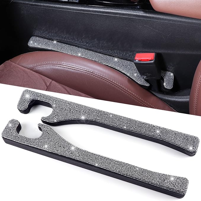 Bling Car Seat Gap Filler, 2 Pack Universal Fit for Car SUV Truck Handmade Crystal Rhinestone Diamond Car Gap Filler Bling Car Accessories for Women(Silver)