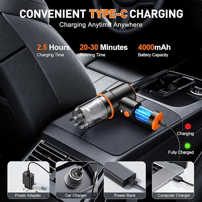 Handheld Car Vacuum Cleaner, 9000PA Vacuum Cleaner & Air Duster, 120W High Power Vacuum Portable Cordless, Hand Held Vacuum Rechargeable with Multi-Nozzles & LED Light for Home, Car, Office