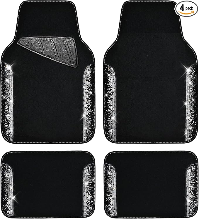 Bling Car Mats Shining Diamond Carpet Crystal Rhinestone Sparkly Glitter Floor Mats with Anti-Slip PVC Pad Universal Fit Automotive SUV,Sedan,Van,4pcs for Girl Women, Black Sliver Diamond