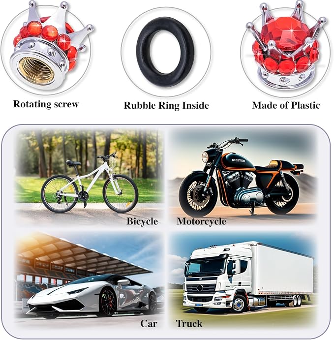 4PCS Crown Bling Tire Stem Valve Caps, Crystal Diamond Car Wheel Tire Valve Caps Universal Copper Core Stem Covers for Cars, SUV, Trucks, Bikes, Motorcycles, Bicycles (Silver & Red)