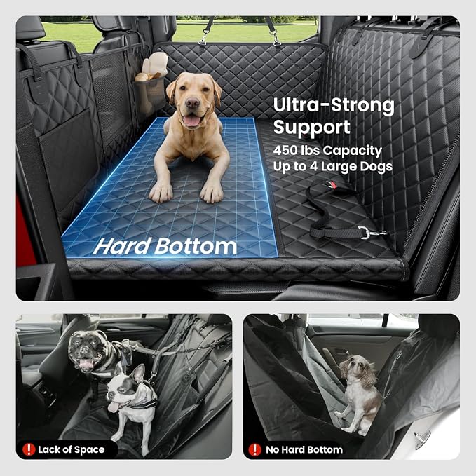 Dog Truck Seat Cover for Back Seat, Hard Bottom Dog Hammock for Car, Pet Bed Extender for 2-4 Large Dogs, Waterproof Seat Protector, Universal XL Size Fits for Crew Cab Truck/SUV, Black