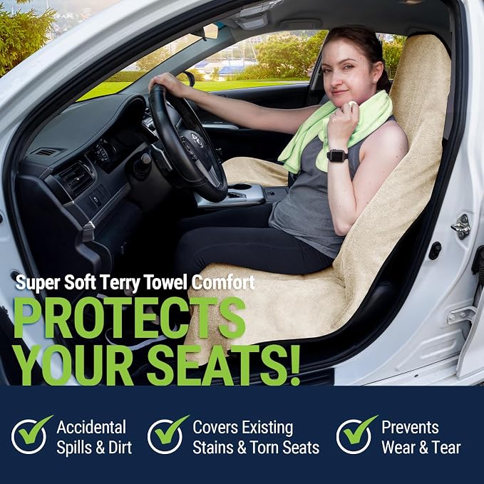 Towel Seat Cover, Waterproof Car Seat Protectors for Gym, Workout & Active Lifestyle, Universal Fit for Car SUV Truck Van, Non-Slip 3 Strap Design, Machine Washable, 2 Pack Tan