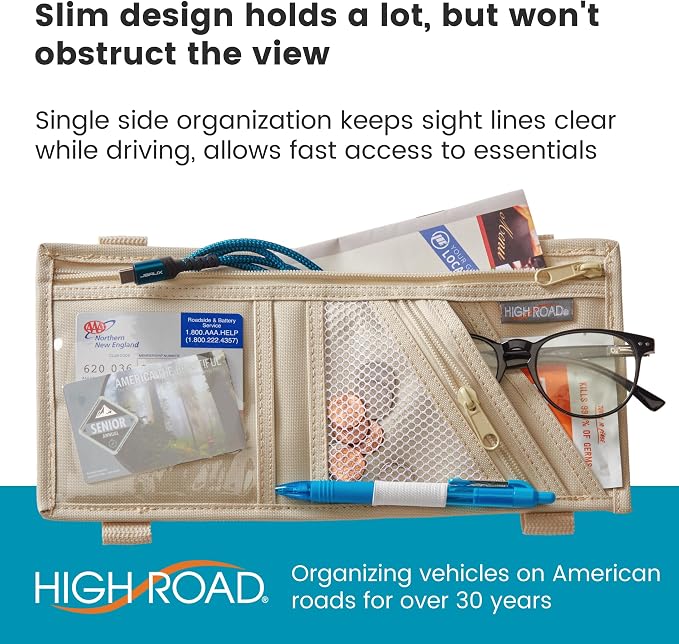 Car Visor Organizer with Zippered Pockets, Sunglasses Sleeve and Clear Photo or Registration and Insurance Pocket - Heavy Duty Straps Fit Most Car, SUV and Truck Visors - Tan