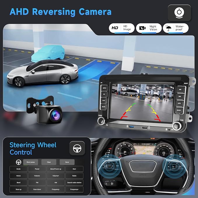 8Core 6G 128G Android Car Stereo for VW Passat Golf MK5 MK6 Jetta T5 EOS Polo Touran Seat Sharan Wireless Carplay Android Auto, 7'' Touchscreen Stereo with GPS Bluetooth WiFi FM/RDS DSP Rear Camera