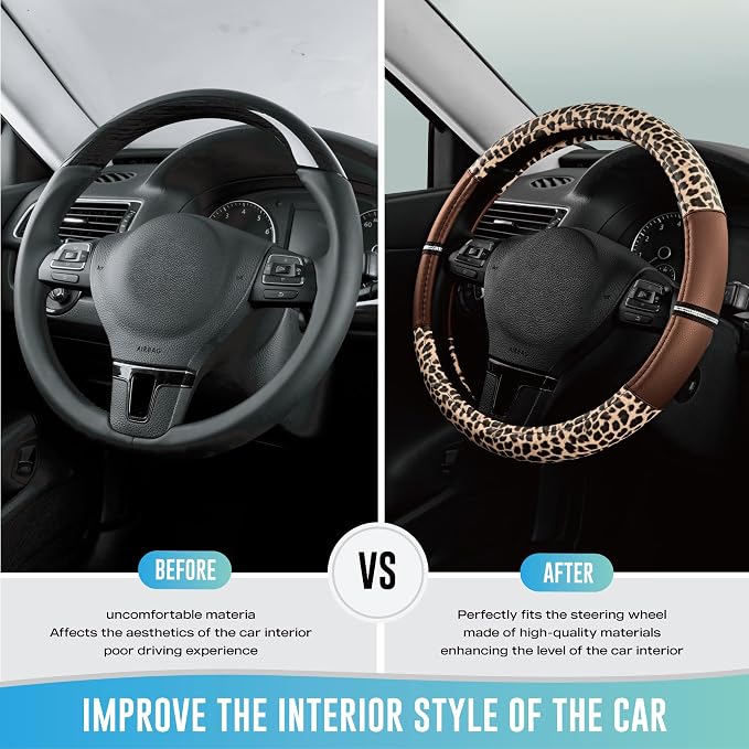 Leopard Steering Wheel Cover for Women, Cute Anti-Slip Microfiber Leather, Universal Fit 14.5-15 Inch Round Steering Wheel - Brown