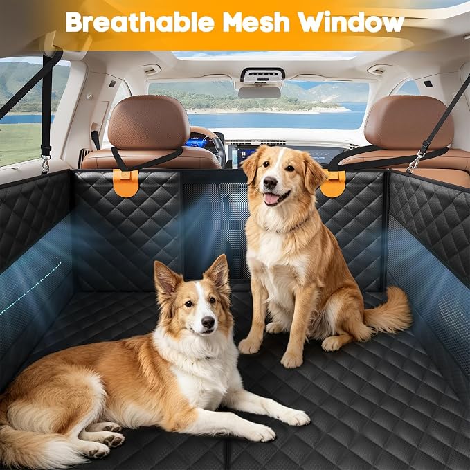 Large Dog Car Seat, Back Seat Extender for Dogs with 3 Mesh Windows, Waterproof Medium Carseat for Dogs with Hard Bottom, Pet Seat Cover for Cars, Trucks and SUVs