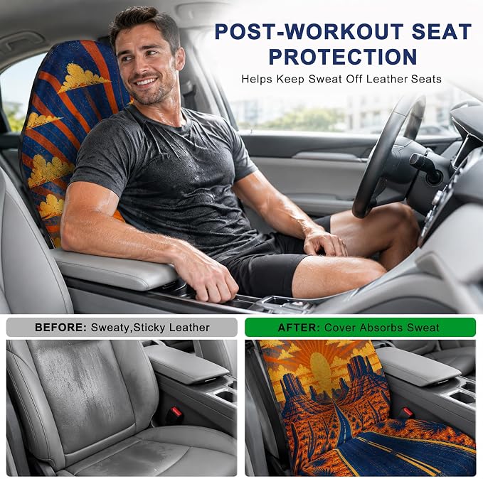 Car Seat Towel Cover 2 Pack for Front Seats, Sweat Absorbent Car Seat Protector with Non-Slip Backing, Waterproof Towel Car Seat Covers for Runners, Gym, Swimming, Beach, Desert Road Sunset