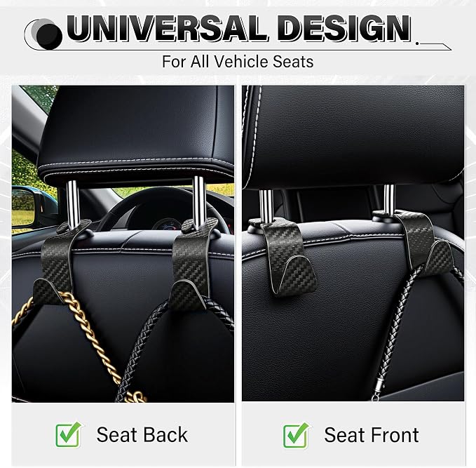 Universal 4 Pack Car Seat Headrest Purse Hook, Carbon Fiber Back Seat Hook Storage Organizer Hanger for Purse Handbag Coat, Car Interior Accessories(Black)