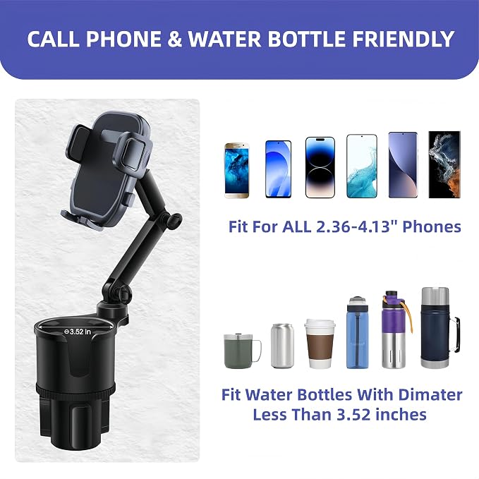 2-in-1 Car Cup Phone Holder Expander with Adjustable Base, 360°Rotation,Compatible with iPhone, Samsung & All Smartphones up to 4.13",Fit Most Bottles 10-32oz,Black