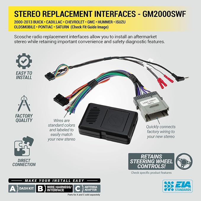 GM2K-WP Factory Stereo Replacement Interface Adapter, Compatible with Select 2000-13 GM Vehicles, Car Radio Wiring Harness, Retains Steering Wheel Controls & OEM Amplifier - See Fit Guide