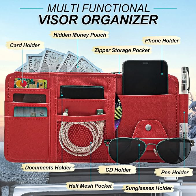 Car Sun Visor Organizer with Multi-Pocket Net Zipper, Truck Visor Organizer Storage Pouch Holder for Cards, Pens, Sunglasses, CD Holder - Red