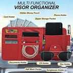 Car Sun Visor Organizer with Multi-Pocket Net Zipper, Truck Visor Organizer Storage Pouch Holder for Cards, Pens, Sunglasses, CD Holder - Red