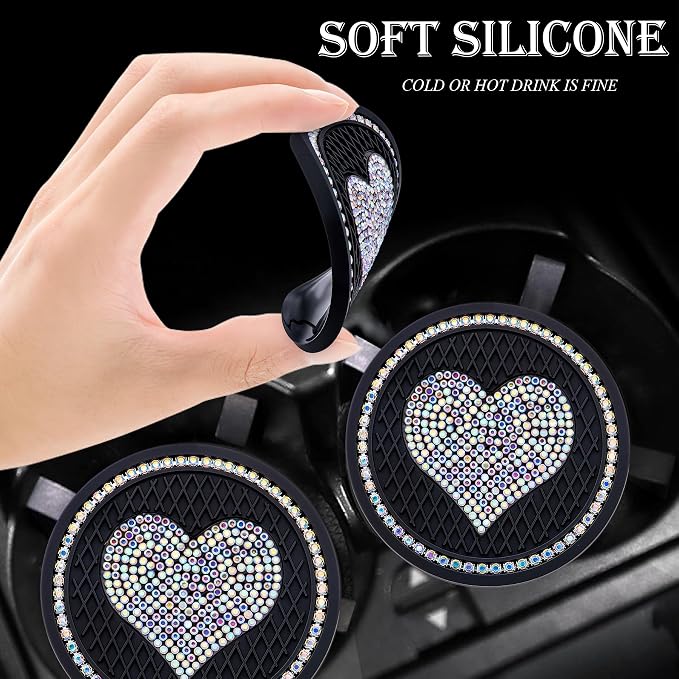 2PCS Sparkling Car Cup Holder Coaster – 2.75 Inch Silicone Insert – Non-Slip, Shockproof – Universal Auto Interior Accessories for Women Girls (Black & Colorful)
