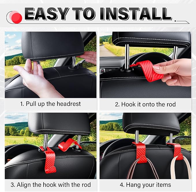 Universal 2 Pack Car Seat Headrest Purse Hook, Carbon Fiber Back Seat Hook Storage Organizer Hanger for Purse Handbag Coat, Car Interior Accessories(Red)