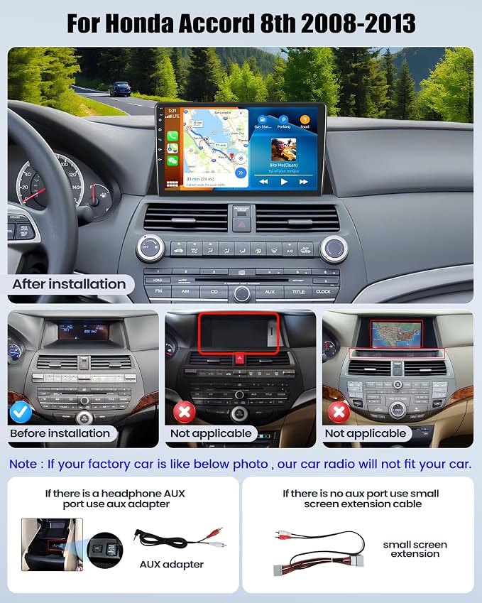 8Core 6G+128G Android Car Radio Stereo for Honda Accord 2008 2009 2010 2011 2012 2013 Upgrade 10.1 Inch Touch Screen with 360° Panoramic View CarPlay Android Auto Mirror Link WiFi Backup Camera