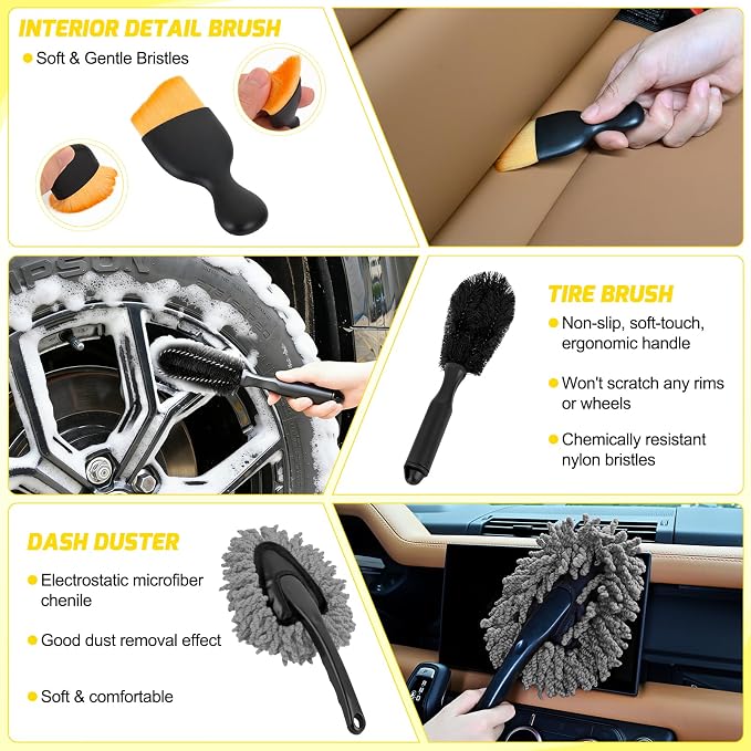 37PCS Car Detailing Kit Auto Cleaning Tools Wash Set with Storage Carry Bag Home Use for Interior Exterior Deep Clean Car Care Windshield Dashboard Seat Air Vents Wheels Tires, Yellow