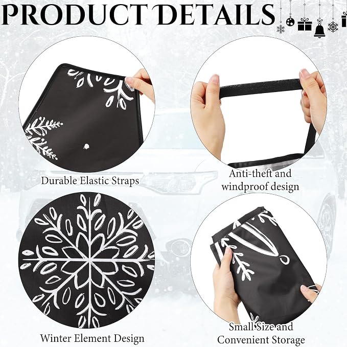 2 Pcs Windshield Cover for Ice and Snow 210T Silver Coated Waterproof Frost Cover 69 x 42 Inches All Seasons Windshield Protector with Elastic Straps Snowflake Winter Car Accessories for Cars