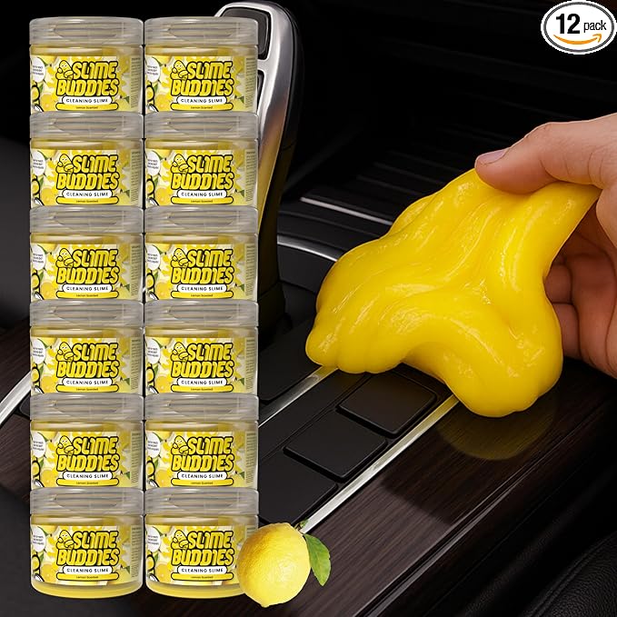 Car Cleaning Gel Putty - 12 Pack Lemon Scented Interior Detailing Tool for Cup Holder, Air Vent & Keyboard - Reusable Auto Detailing Accessories - Dust Remover Goop - Gifts for Men Women