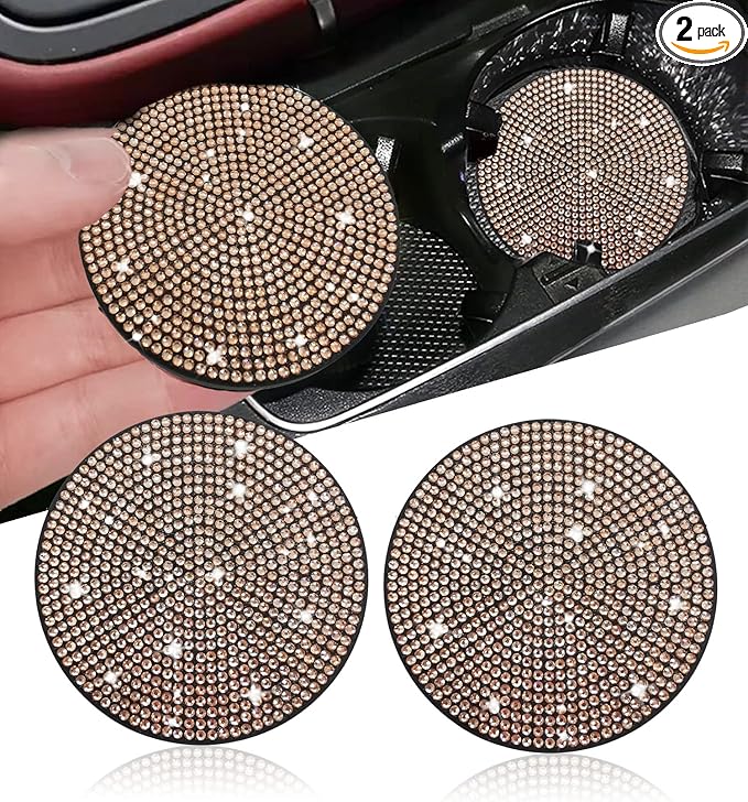 2pcs Bling Car Cup Holder Coaster, 2.75 inch Anti-Slip Shockproof Universal Fashion Car Coasters Insert Bling Crystal Rhinestone Automotive Interior Accessories for Women (2 pcs, Champagne)