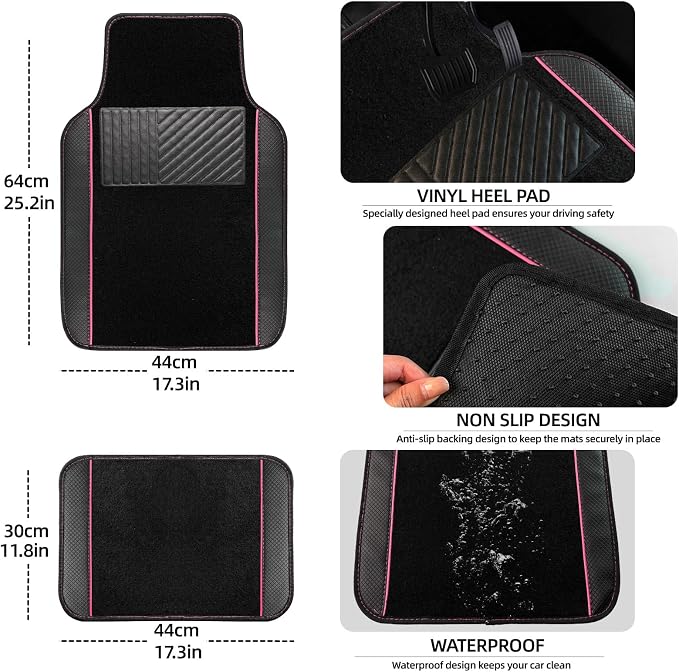 10 Pcs Car Floor Mats Full Set Car Accessories, Microfiber Leather Steering Wheel Covers 14.5-15 inch, Center Console Cover, Seat Belt Pads, Cup Coasters, Universal Interior Decor(Pink)