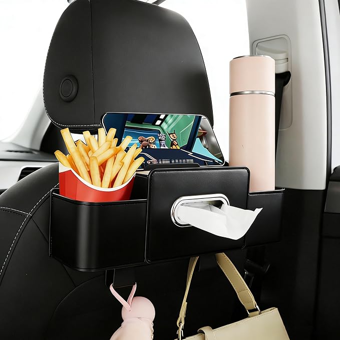 Back Seat Car Organizer, 4+2 in 1 Multifunctional Car Backseat Storage Box with 2 Cup Holders Tissue Box Hook, Car Interior Storage for Travel Phones Snacks Drinks(Black)