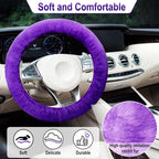 3 PCS Fluffy Steering Wheel Cover Set, 15'' Furry Car Wheel Cover, 2 Seat Belt Shoulder Pads, Anti-Slip Fur Steering Wheel Cover, Winter Warm Fluffy Car Accessories for Women, Purple