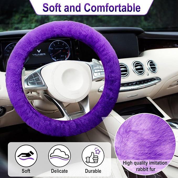 3 PCS Fluffy Steering Wheel Cover Set, 15'' Furry Car Wheel Cover, 2 Seat Belt Shoulder Pads, Anti-Slip Fur Steering Wheel Cover, Winter Warm Fluffy Car Accessories for Women, Purple