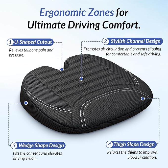 Wedge Car Seat Cushion for Tailbone Pain Relief & Better Visibility | Ergonomic Memory Foam Seat Cushion for Car with Breathable Channel Design, Fits Car, SUV, Truck, Non-Slip Mesh Cover