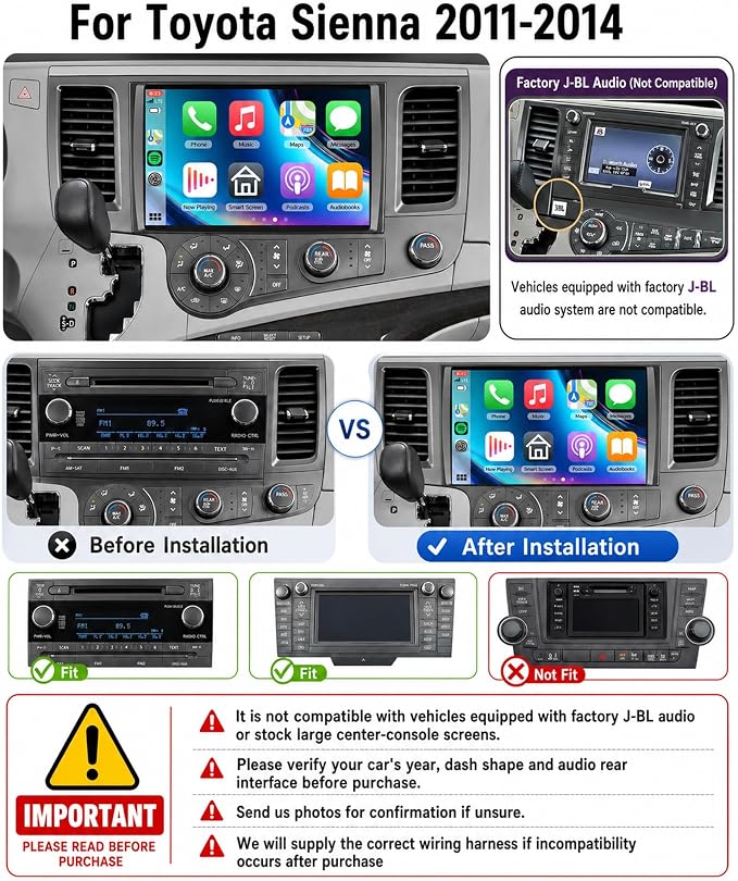 4 Core+64G Android 15 Car Stereo for Toyota Sienna 2011-2014 with Wireless Carplay Android Auto, 9 Inch Touch Screen Radio Support GPS/ 5G WiFi/Bluetooth/SWC+Backup Camera