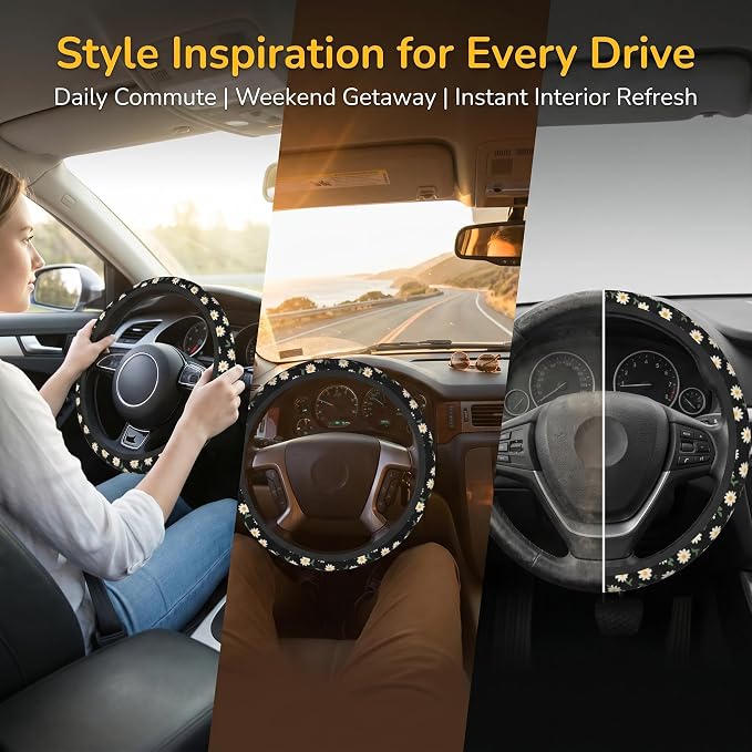 Daisy Flower Steering Wheel Cover 15 Inch + 2Pc Cute car Coasters Set | Anti-Slip Breathable Universal Car Wheel Cover Soft Comfort Grip Accessories for Women Men