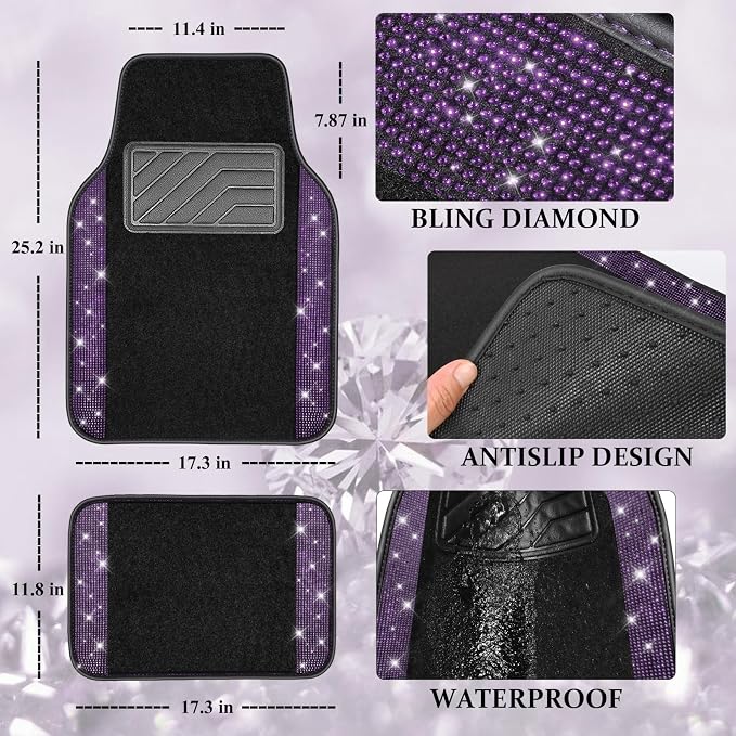 Bling Rhinestones Diamond Car Floor Mat, Crystal Sparkly Shining Glitter Carpet, Waterproof Anti-Slip PVC Heel Pad Universal Fit Interior Set SUV,Sedan,Van,4pcs Girl Women Men Violet Purple