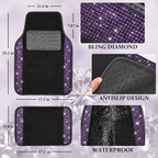 Bling Rhinestones Diamond Car Floor Mat, Crystal Sparkly Shining Glitter Carpet, Waterproof Anti-Slip PVC Heel Pad Universal Fit Interior Set SUV,Sedan,Van,4pcs Girl Women Men Violet Purple