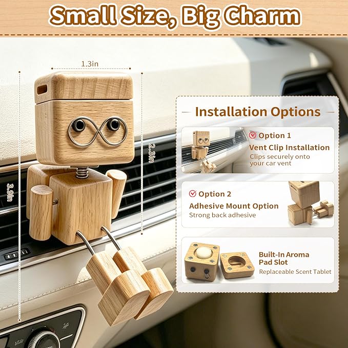 2-in-1 Wood Car Air Diffuser - Shaking Wooden Man Figurine, Wooden Car Dashboard Decorations, Shaking Feet Wooden Doll with Car Vent Clips, Funny Car Accessories Interior Gift
