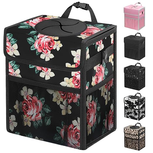 Car Trash Can with Lid, Leakproof Car Trash Bag Hanging Waterproof Automotive Garbage Can with Storage Pockets Mini Vehicle Trash Bin for Back/Front Seat(Flower,2.5 Gallon)