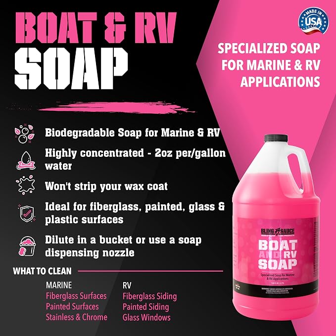 Boat & RV Soap, Highly Concentrated and Biodegradable, 1 Gallon | Concentrated biodegradable wash soap cleans boats and RVs without stripping wax; bucket or foam nozzle ready